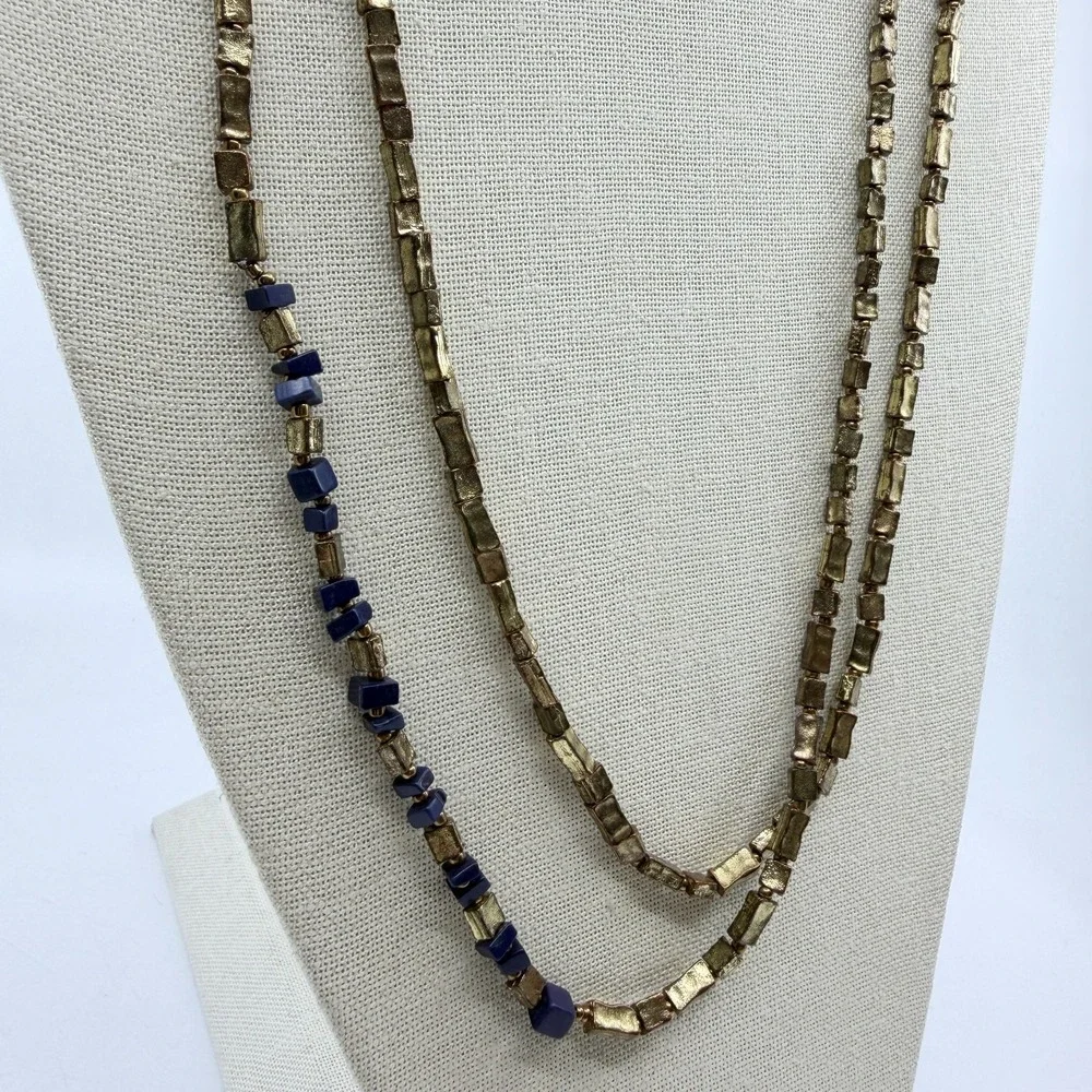Bronze Tone Blue Chip Bead Double Strand Leather Cord Boho Statement Necklace